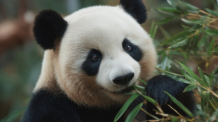 Fototapeta premium Close up of a panda bear eating bamboo leaves with a blurred background in the outdoors