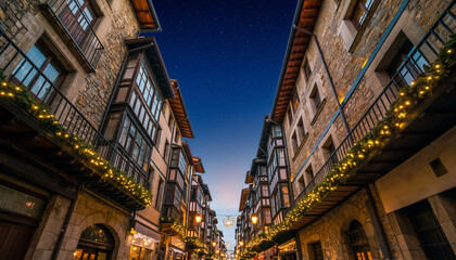 Fototapeta premium calle estrecha de un casco antiguo, iluminada con luces navideñas cálidas que bordean los tejados y balcones de edificios de piedra y madera, creando un ambiente festivo y acogedor durante la noche.
