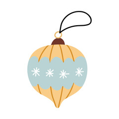 Cute vintage-style Christmas ornament in soft yellow and blue tones with simple snowflake motifs. Festive decorative bauble isolated on a white background. Perfect for holiday and season designs.