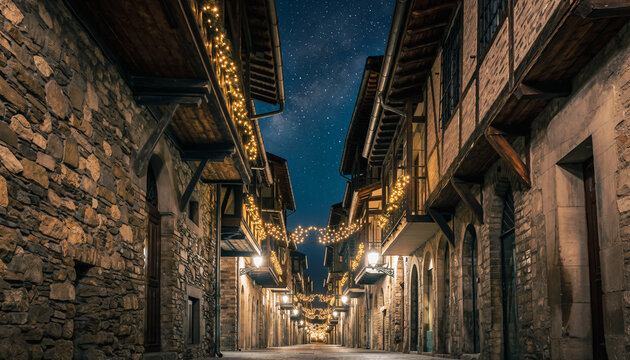 calle estrecha de un casco antiguo, iluminada con luces navide&ntilde;as c&aacute;lidas que bordean los tejados y balcones de edificios de piedra y madera, creando un ambiente festivo y acogedor durante la noche.