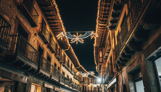 calle estrecha de un casco antiguo, iluminada con luces navide&ntilde;as c&aacute;lidas que bordean los tejados y balcones de edificios de piedra y madera, creando un ambiente festivo y acogedor durante la noche.