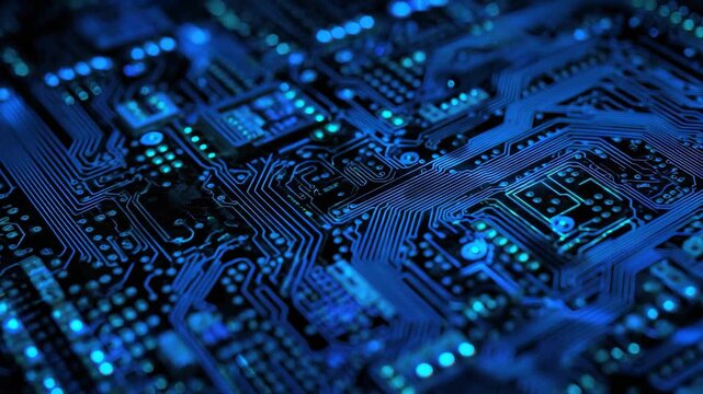 Complex circuit board with glowing blue lights showcasing technology design and electronic connections in a modern setting