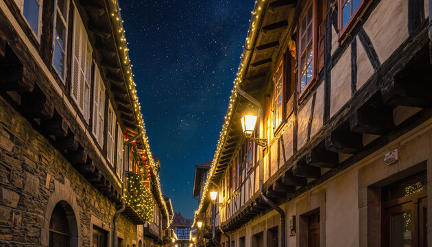 calle estrecha de un casco antiguo, iluminada con luces navide&ntilde;as c&aacute;lidas que bordean los tejados y balcones de edificios de piedra y madera, creando un ambiente festivo y acogedor durante la noche.