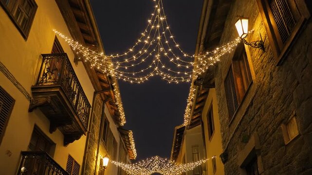 calle estrecha de un casco antiguo, iluminada con luces navide&ntilde;as c&aacute;lidas que bordean los tejados y balcones de edificios de piedra y madera, creando un ambiente festivo y acogedor durante la noche.