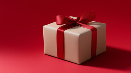 Obraz premium Gift box wrapped in kraft paper and tied with a red satin ribbon, presenting a surprise for a birthday, christmas, or anniversary celebration, on a vibrant red background with copy space