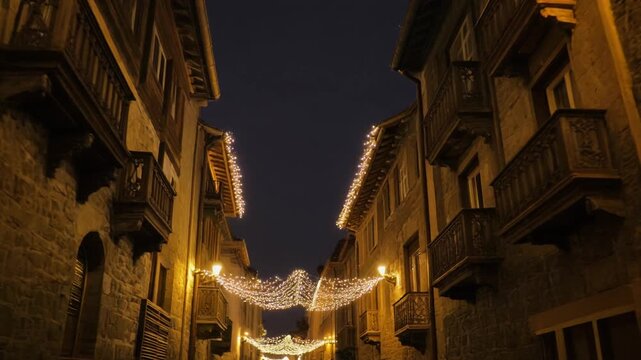 calle estrecha de un casco antiguo, iluminada con luces navide&ntilde;as c&aacute;lidas que bordean los tejados y balcones de edificios de piedra y madera, creando un ambiente festivo y acogedor durante la noche.