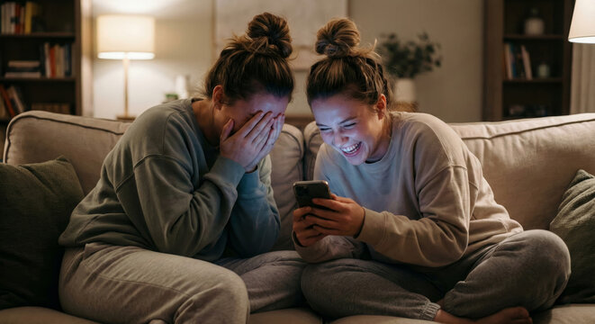 Two sisters sit on a couch in their living room sharing laughs while using a smartphone