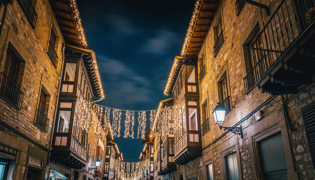 calle estrecha de un casco antiguo, iluminada con luces navide&ntilde;as c&aacute;lidas que bordean los tejados y balcones de edificios de piedra y madera, creando un ambiente festivo y acogedor durante la noche.