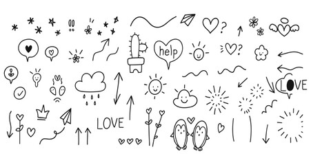 Hand drawn cute hand drawn doodle vector set, love, Natural , firework, cloud, weather, rainbow, snow, heart and creative design vector collection