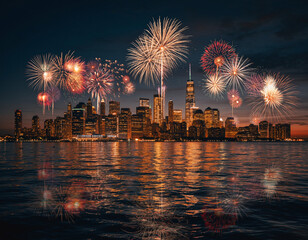 Colorful festive fireworks light up the night sky over a modern metropolitan skyline with reflections on the water