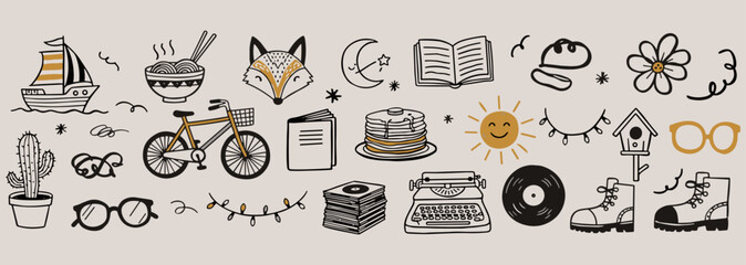 Whimsical hand drawn retro doodles collection&ndash; Bicycle, Books, Food and Decorative vector icons