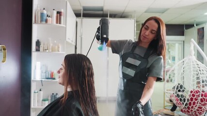 caucasian stylist performing dynamic blowout and smoothing long hair, visible airflow and brush movement, salon shelves and mirror in background, polished shine and professional finishing touches,