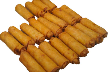 Fried spring rolls, crispy fried spring rolls, many die cuts on white background