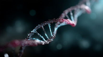 A highly detailed 3D digital visualization of a glowing DNA double helix structure floating in a futuristic digital environment. The DNA strands curve gracefully across the frame,