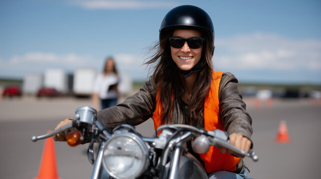 A cheerful female motorcycle student riding a training bike during a practice session on an open driving course. She is wearing a black helmet, sunglasses, an orange reflective saf - Powered by Adobe