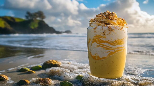 A pistachio milkshake with swirls of gold dust near tide pools on a quiet beach