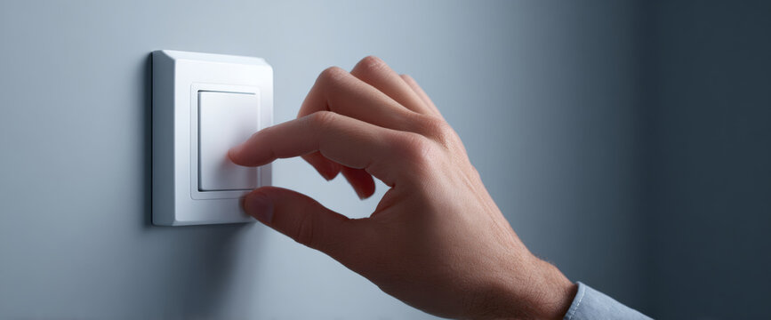 Close-up of a hand pressing a white light switch on a gray wall in a minimalistic indoor setting with soft lighting