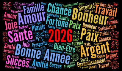 Bonne année 2026 nuage de mots concept	
