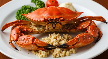 Delicious Steamed Blue Crab Served with Rice and Vegetables on a White Plate.