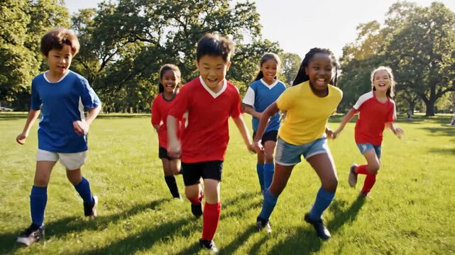 Diverse children play soccer game in sunny green park outdoor activity