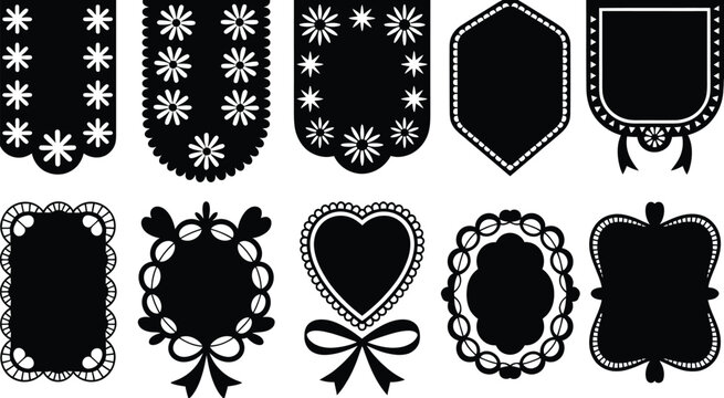 Cinco de Mayo Papel Picado Collection with Floral Paper-Cut Banner Designs Featuring Decorative Cutout Patterns and Empty Space for Festive Celebration