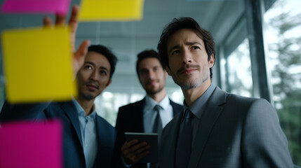 A group of business professionals collaborating during a brainstorming session in a modern office. They stand behind a large glass wall covered with colorful sticky notes in yellow