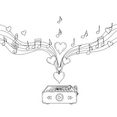 A romantic doodle line art illustration of a cassette player with musical notes and hearts floating out of it in a playful, whimsical composition against a clean white background.