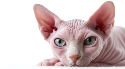 Sphynx cat resting on a soft surface with striking blue eyes