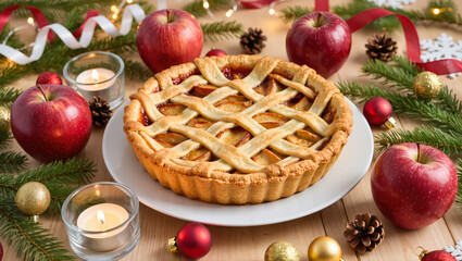 Christmas apple pie with lattice crust on white plate surrounded by red apples, candles, fir branches, and festive decorations on wooden table.