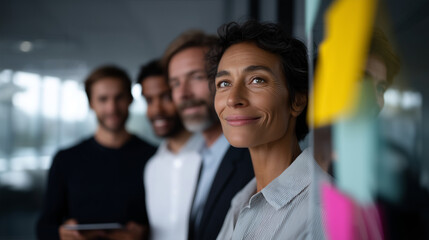A group of business professionals collaborating during a brainstorming session in a modern office. They stand behind a large glass wall covered with colorful sticky notes in yellow