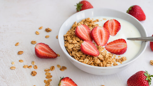 Bowl of yogurt with granola and fresh sliced strawberries on white background. Healthy breakfast with natural ingredients and fresh fruits.