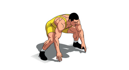 Dynamic track and field athlete in starting position with bold colors and shadows