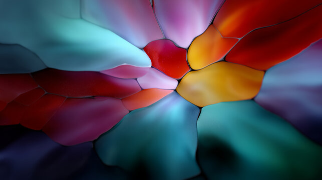 A vibrant abstract stained-glass pattern composed of irregular geometric shapes arranged like a decorative mosaic. The design features hundreds of polygonal cells