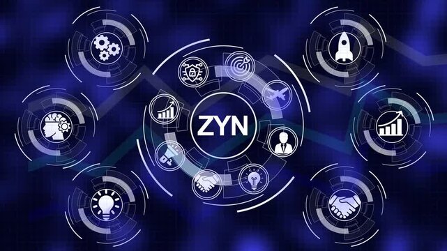 ZYN text in a central circle with surrounding business icons on a dark blue grid background with glowing lines