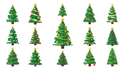 Collection of festive Christmas trees with decorations and star toppers