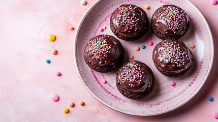 Obraz premium A plate of chocolate cookies with glossy frosting and colorful toppings on light background