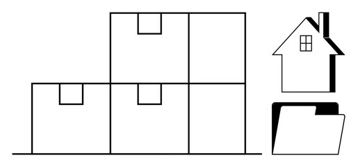 Stacked boxes, a house, and a file folder symbolizing storage, logistics, home organization, data management, shipping, inventory and property ownership. Ideal for simple flat metaphor