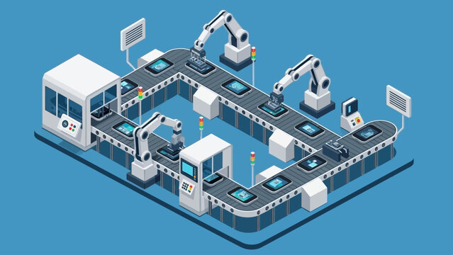 Isometric illustration of a smartphone assembly line with robotic arms and conveyor belts on blue background. Concept for automation factory, product development and manufacturing process