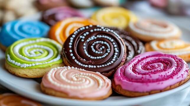 A plate of colorful chocolate cookies arranged in a spiral pattern