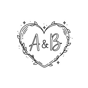 A romantic doodle line art heart with intertwined leaves and sparkles on a white background featuring the letters A and B.