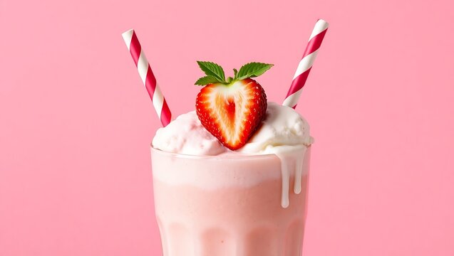 Strawberry milkshake with two scoops of ice cream on top, striped straw, soft pink background