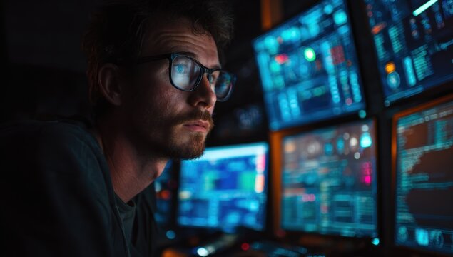 Man with glasses focused on multiple glowing computer screens in darkness. - Powered by Adobe