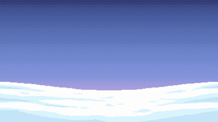 8-bit pixel art game winter background. Pixel snowy hills against blue sky.