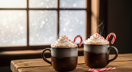 Steaming Christmas Drinks with Peppermint Candy Canes by a Snowy Window.