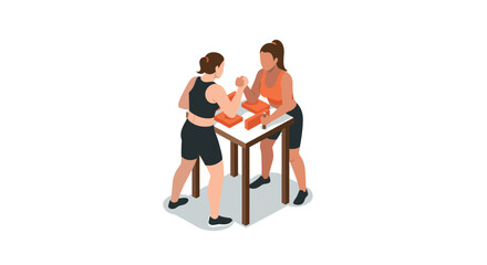 Isometric women arm wrestling match on a table in sportswear