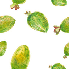 Feijoa fruit. Watercolor seamless pattern, green feijoa on white background. Pattern for kitchen fabric, various food products, cosmetics, fabric, printing, wrapping paper