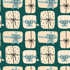 Cute festive pattern with gifts. Vector hand-drawn illustration in a flat style. Perfect for holiday, Christmas, season designs, cards, decorations, wallpaper, wrapping paper, textile