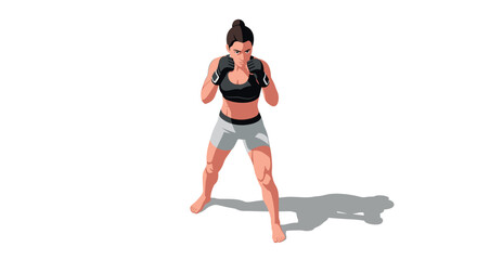 Fototapeta premium Female mma fighter in ready stance with shadow on white background