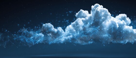 Digital network overlaying glowing clouds against a dark starry sky.