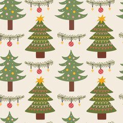 Cute festive pattern with Christmas trees and decorated fir branches. Vector hand-drawn flat illustration. Perfect for holiday and season designs, cards, wallpaper, wrapping paper, textile.